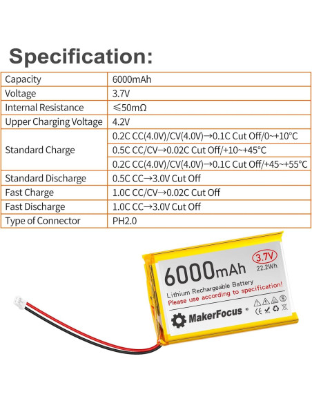 Batería de Polímero de Litio 6000mAh YELUFT 2pcs con Conector PH2.0 Batería de Polímero de Litio 6000mAh YELUFT 2pcs con Conector PH2.0