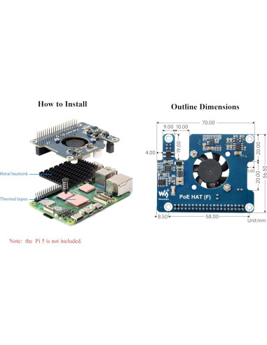 HAT PoE UeeKKoo para Raspberry Pi 5 con Ventilador y Disipador