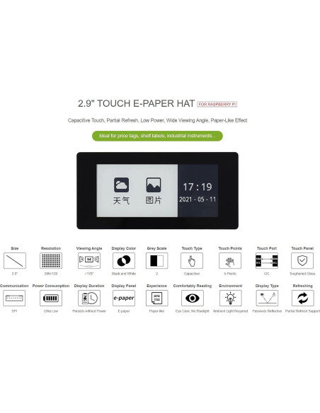 Pantalla Táctil E-Paper 2.9" Waveshare 296x128 SPI Pantalla Táctil E-Paper 2.9" Waveshare 296x128 SPI