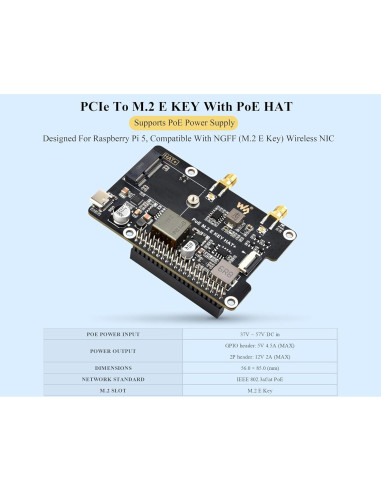 Adaptador PCIe a M.2 E Key PoE Wonrabai para Raspberry Pi 5