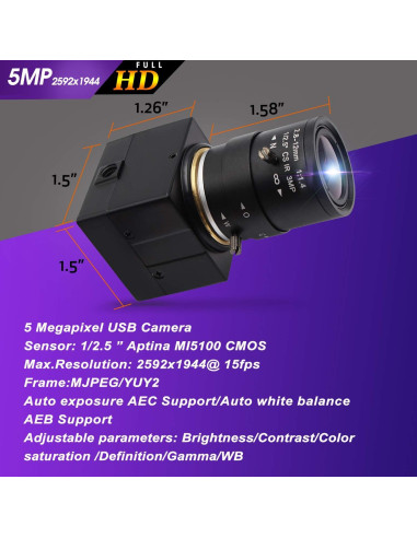 Cámara USB Hotpet 5MP HD Lente Varifocal 2.8-12mm