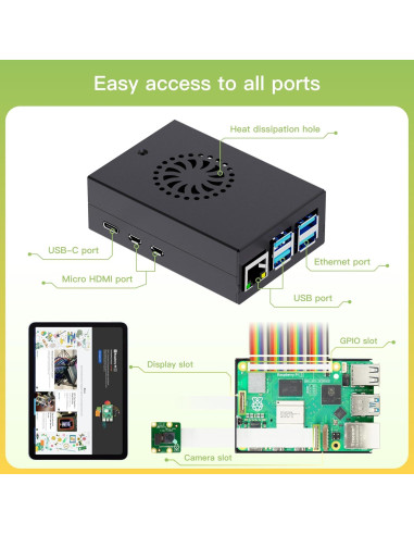 Kit Accesorios iRasptek para Raspberry Pi 5 - Caja Metal, Enfriador y Fuente 27W