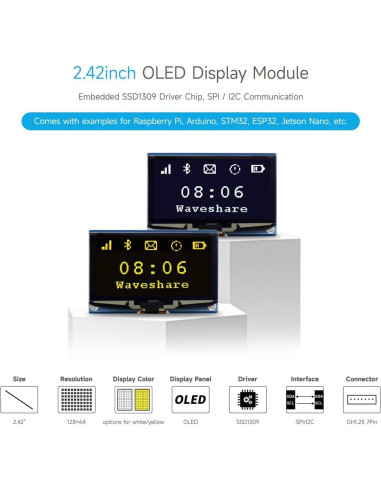 Módulo de Pantalla OLED 2.42" Waveshare Amarillo SPI/I2C