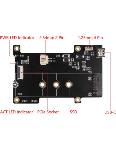 Placa Periférica PCIe M.2 NVMe ZDE ZP516 para Raspberry Pi 5