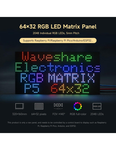 Panel LED RGB 64x32 Waveshare, brillo ajustable, 320x160 mm Panel LED RGB 64x32 Waveshare, brillo ajustable, 320x160 mm