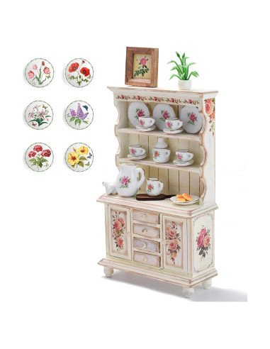 Vitrina Vintage Rosa 1:12 con Juego de Té Miniatura