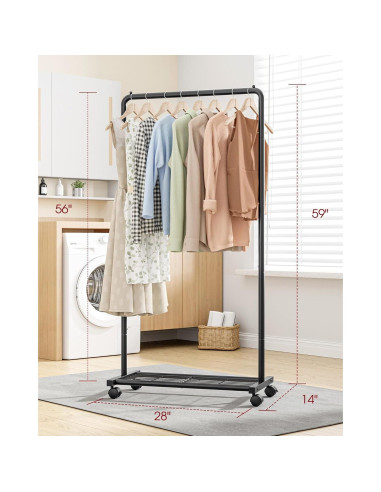 Perchero de Ropa Sakugi con Estante y Ruedas, Negro 71.1x35.6x149.9 cm