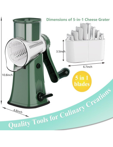 Rallador de Queso Rotatorio 5 en 1 PDAENLKY Verde con Cuchillas