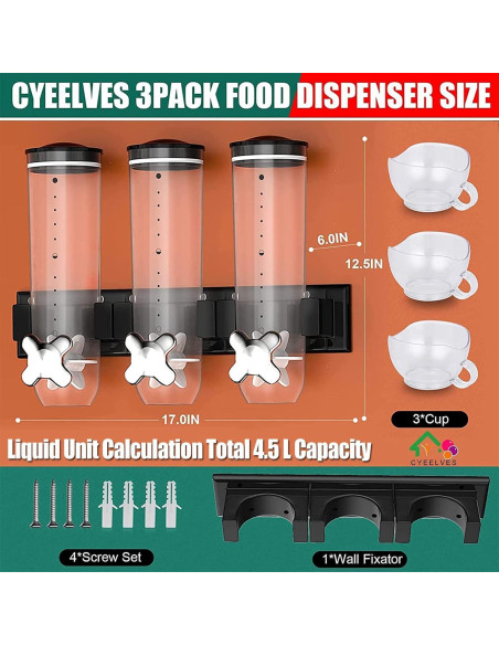 Dispensador de Comida Triple Cyeelves 4.5L Montado en Pared Dispensador de Comida Triple Cyeelves 4.5L Montado en Pared