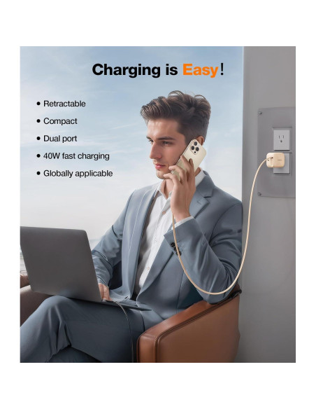 Cargador USB C TORRAS 40W con Cable Retráctil Dorado Rosa Cargador USB C TORRAS 40W con Cable Retráctil Dorado Rosa