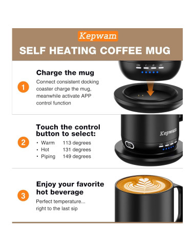 Taza de café autocalentable Kepwam 14oz - Control por APP