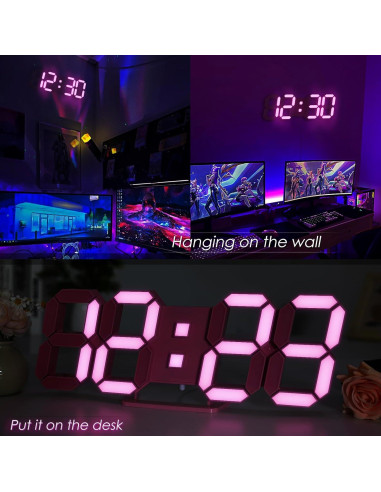 Reloj de Pared LED Rosa KOSUMOSU 38x12cm Digital con Control Remoto