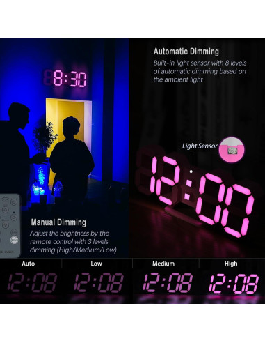Reloj de Pared LED Rosa KOSUMOSU 38x12cm Digital con Control Remoto