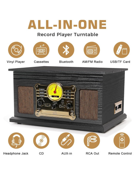Reproductor de Vinilo TANLANIN TE-007R-BK 10 en 1 Bluetooth Reproductor de Vinilo TANLANIN TE-007R-BK 10 en 1 Bluetooth