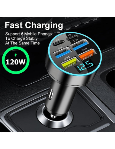 Cargador de Auto Moioee 66W USB 6 en 1 con Monitor