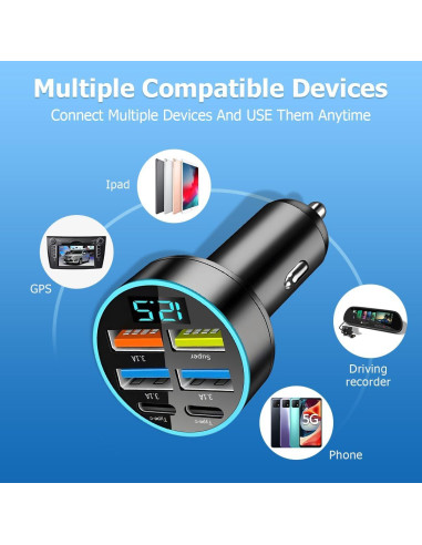 Cargador de Auto Moioee 66W USB 6 en 1 con Monitor