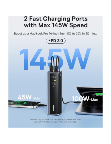 Banco de Poder Baseus 20800mAh 145W Cargador Portátil Negro