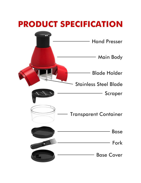 Picador Manual de Alimentos Geedel PS-358B, Rojo, Sin BPA Picador Manual de Alimentos Geedel PS-358B, Rojo, Sin BPA