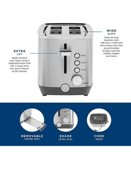 Tostadora GE de 2 Rebanadas Acero Inoxidable 850W Ranuras Anchas Tostadora GE de 2 Rebanadas Acero Inoxidable 850W Ranuras Anchas