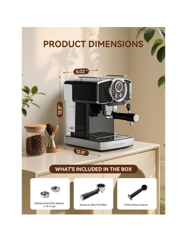 Máquina de Espresso Sumsaty 20 Bar con Espumador 1.8L Negra