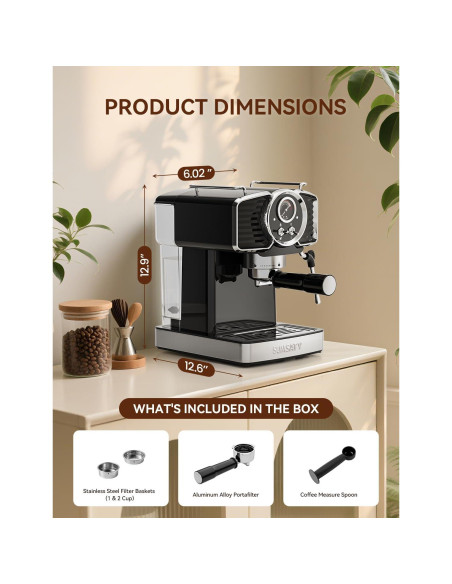 Máquina de Espresso Sumsaty 20 Bar con Espumador 1.8L Negra Máquina de Espresso Sumsaty 20 Bar con Espumador 1.8L Negra
