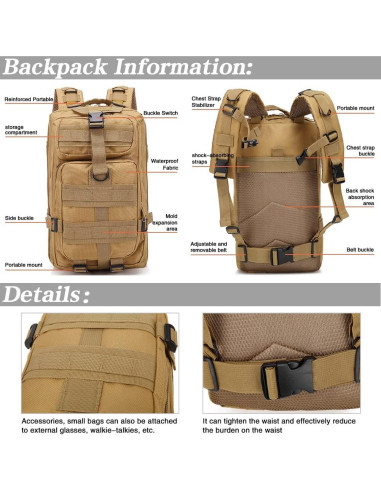 Mochila táctica LIMHOO 30L Molle Caqui para hombres