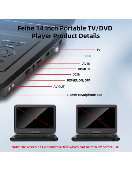 Televisor portátil 14" Feihe con DVD, HDMI, USB y batería Televisor portátil 14" Feihe con DVD, HDMI, USB y batería
