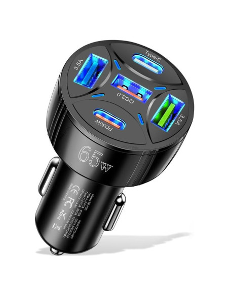 Cargador de Coche USB 65W Alanph 5 Puertos PD30W QC3.0 Negro Cargador de Coche USB 65W Alanph 5 Puertos PD30W QC3.0 Negro