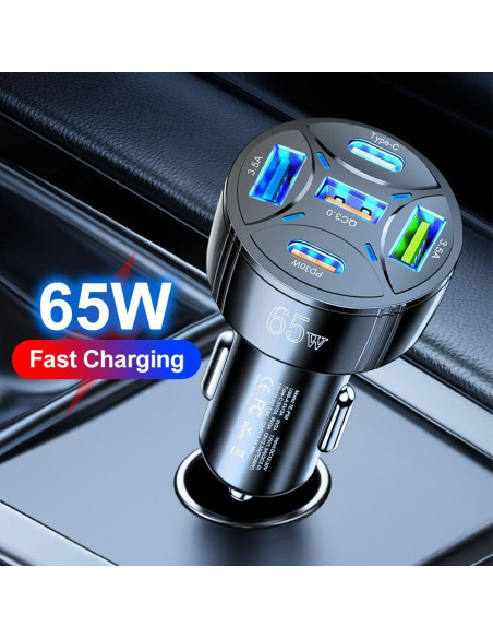 Cargador de Coche USB 65W Alanph 5 Puertos PD30W QC3.0 Negro Cargador de Coche USB 65W Alanph 5 Puertos PD30W QC3.0 Negro