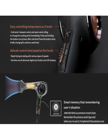 Secador de Pelo Profesional JMW AIR Sense I - 15 Vientos, 3 Calor