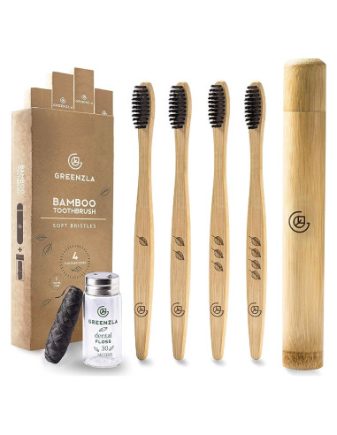 Cepillos de Dientes de Bambú Greenzla - Paquete de 4 Biodegradables