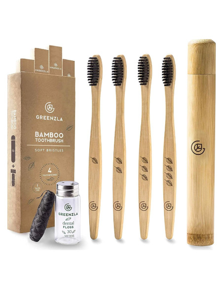Cepillos de Dientes de Bambú Greenzla - Paquete de 4 Biodegradables Cepillos de Dientes de Bambú Greenzla - Paquete de 4 Biodegradables