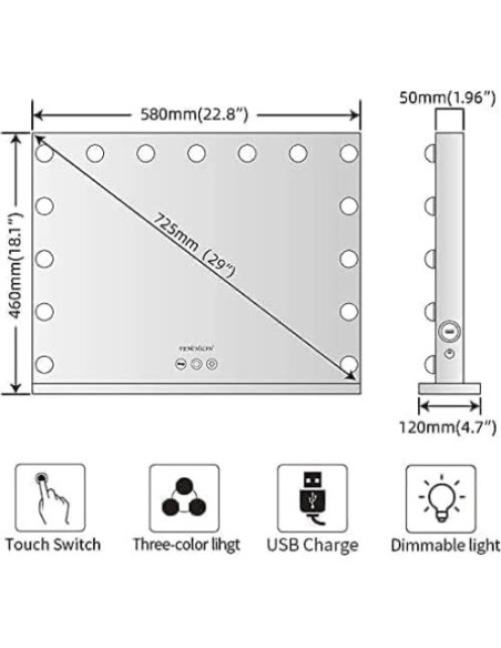 Espejo de Tocador FENCHILIN Iluminado 45.7x57.9cm con USB Espejo de Tocador FENCHILIN Iluminado 45.7x57.9cm con USB