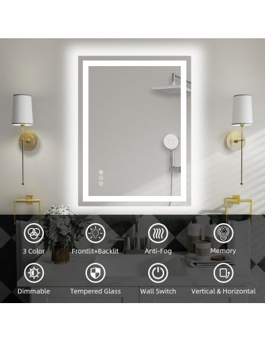 Espejo de Baño LED Miskerm 70x50 cm con Luz Frontal y Anti-Vaho