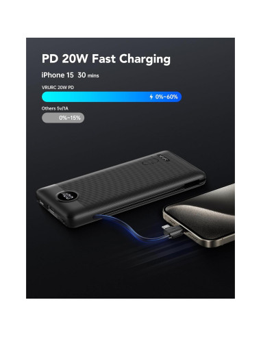 Cargador Portátil VRURC 10000mAh con Enchufe Pared y Carga Rápida