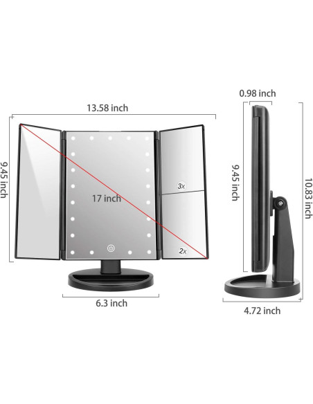 Espejo de Tocador Deweisn Iluminado Trifold 21 LED 3X/2X/1X Espejo de Tocador Deweisn Iluminado Trifold 21 LED 3X/2X/1X