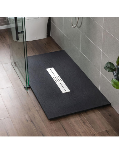 Base de Ducha 48x81 cm Negra Woodbridge Drenaje Central Acceso Silla