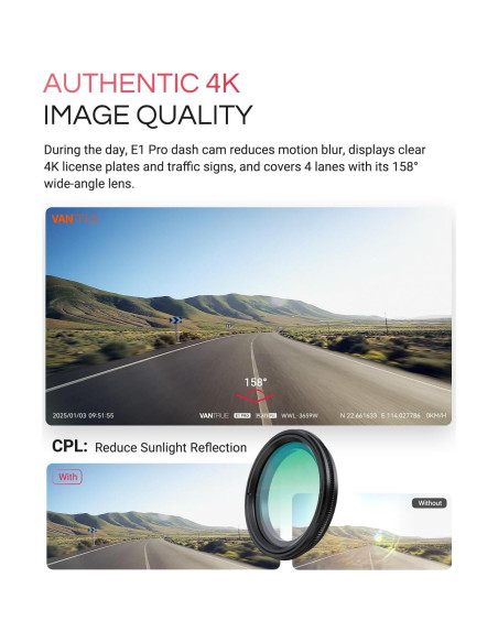 Cámara de tablero Vantrue E1 Pro 4K, WiFi 5G, GPS, 1TB Cámara de tablero Vantrue E1 Pro 4K, WiFi 5G, GPS, 1TB