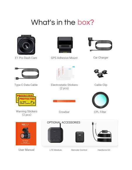 Cámara de tablero Vantrue E1 Pro 4K, WiFi 5G, GPS, 1TB Cámara de tablero Vantrue E1 Pro 4K, WiFi 5G, GPS, 1TB