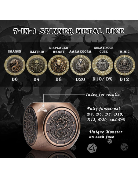 Juego de Dados Giratorios Haxtec 7-en-1 DND Metal Cobre Antiguo Juego de Dados Giratorios Haxtec 7-en-1 DND Metal Cobre Antiguo
