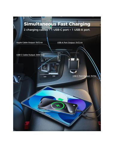 Cargador de coche retráctil SUPERONE 4 en 1 USB C 60W