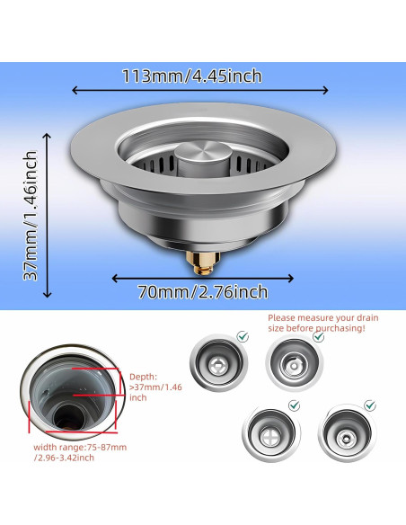 Colador de desagüe de cocina NSRHMJ acero inoxidable 3 en 1 Colador de desagüe de cocina NSRHMJ acero inoxidable 3 en 1