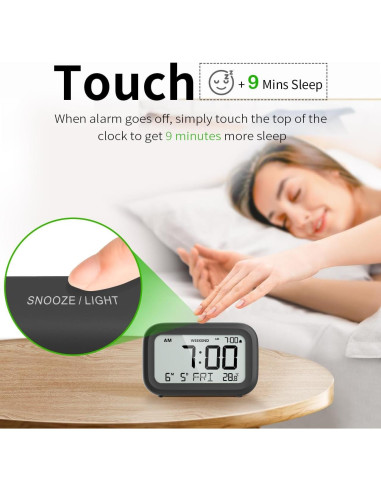 Reloj Despertador Digital DOOMAY Negro con Pantalla LCD y Snooze