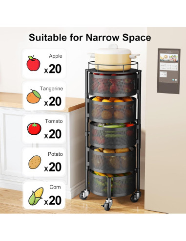 Cesta de Frutas y Verduras SAYZH 5 Niveles Rodante Negro