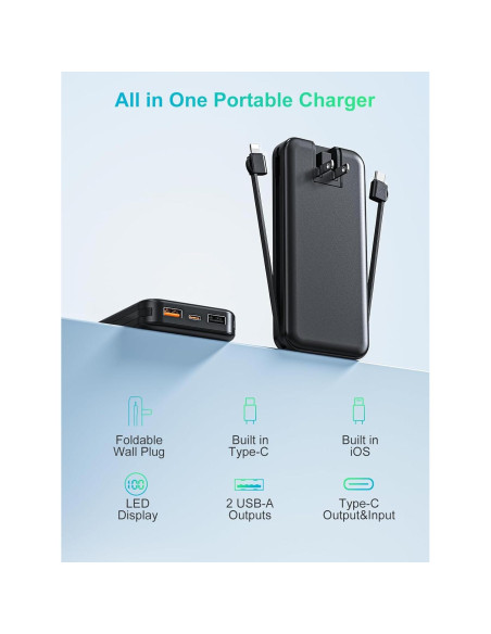 Cargador Portátil 12000mAh CITICR con Cables Integrados y Enchufe Cargador Portátil 12000mAh CITICR con Cables Integrados y Enchufe