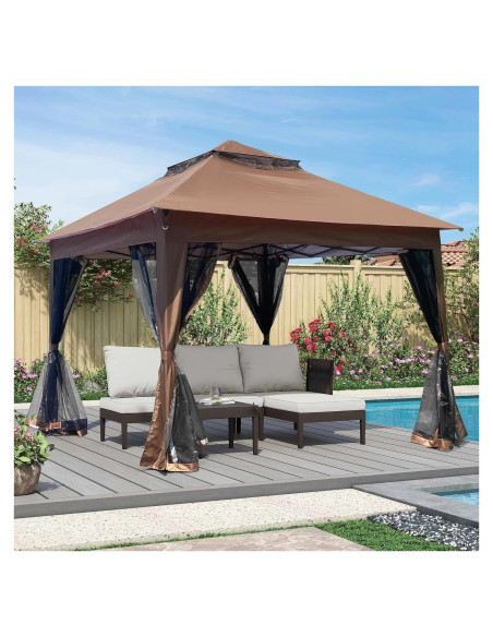 Gazebo Pop Up Adigyco 3.3x3.3m con Red Desmontable Marrón Gazebo Pop Up Adigyco 3.3x3.3m con Red Desmontable Marrón