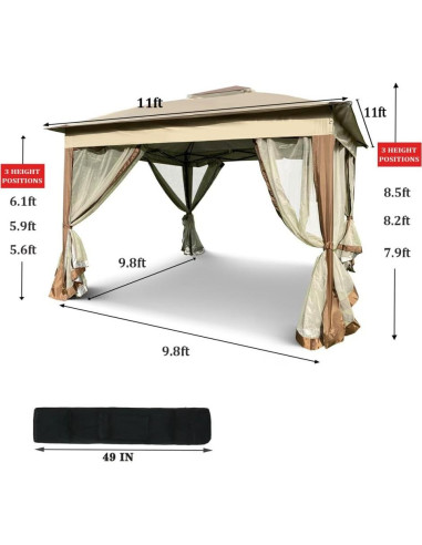 Gazebo Plegable 3.35x3.35m GALOSOM con Malla Desmontable Café