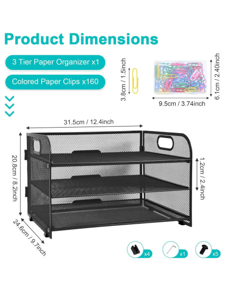 Organizador de Papel Sayeec 3 Niveles Malla Negra con Clips Organizador de Papel Sayeec 3 Niveles Malla Negra con Clips
