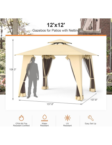 Gazebo de Metal GOJOOASIS 3.66x3.66m Beige con Malla Gazebo de Metal GOJOOASIS 3.66x3.66m Beige con Malla