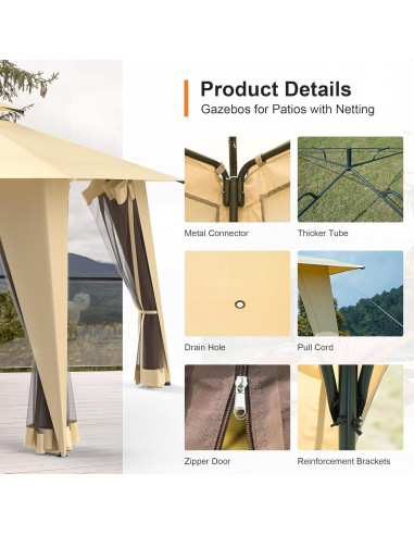 Gazebo de Metal GOJOOASIS 3.66x3.66m Beige con Malla